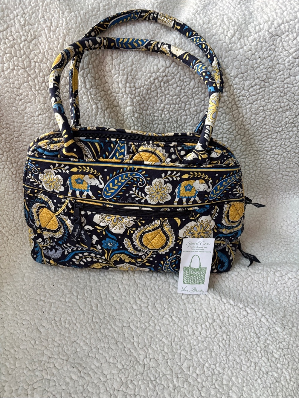 Vera Bradley Quilted Satchel in Navy, Yellow & Blue Floral Paisley